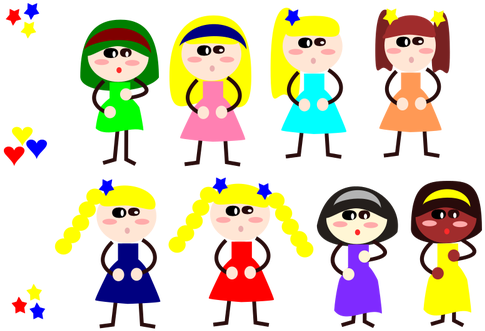 Meninas Dos Desenhos Animados Em Vestidos Diferentes - Cartoon (500x353)