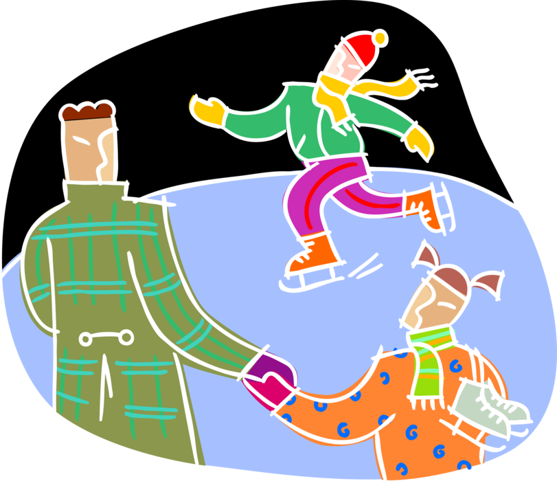 Vector Illustration Of Family Ice Skating On Frozen - Skateboarding (811x700)