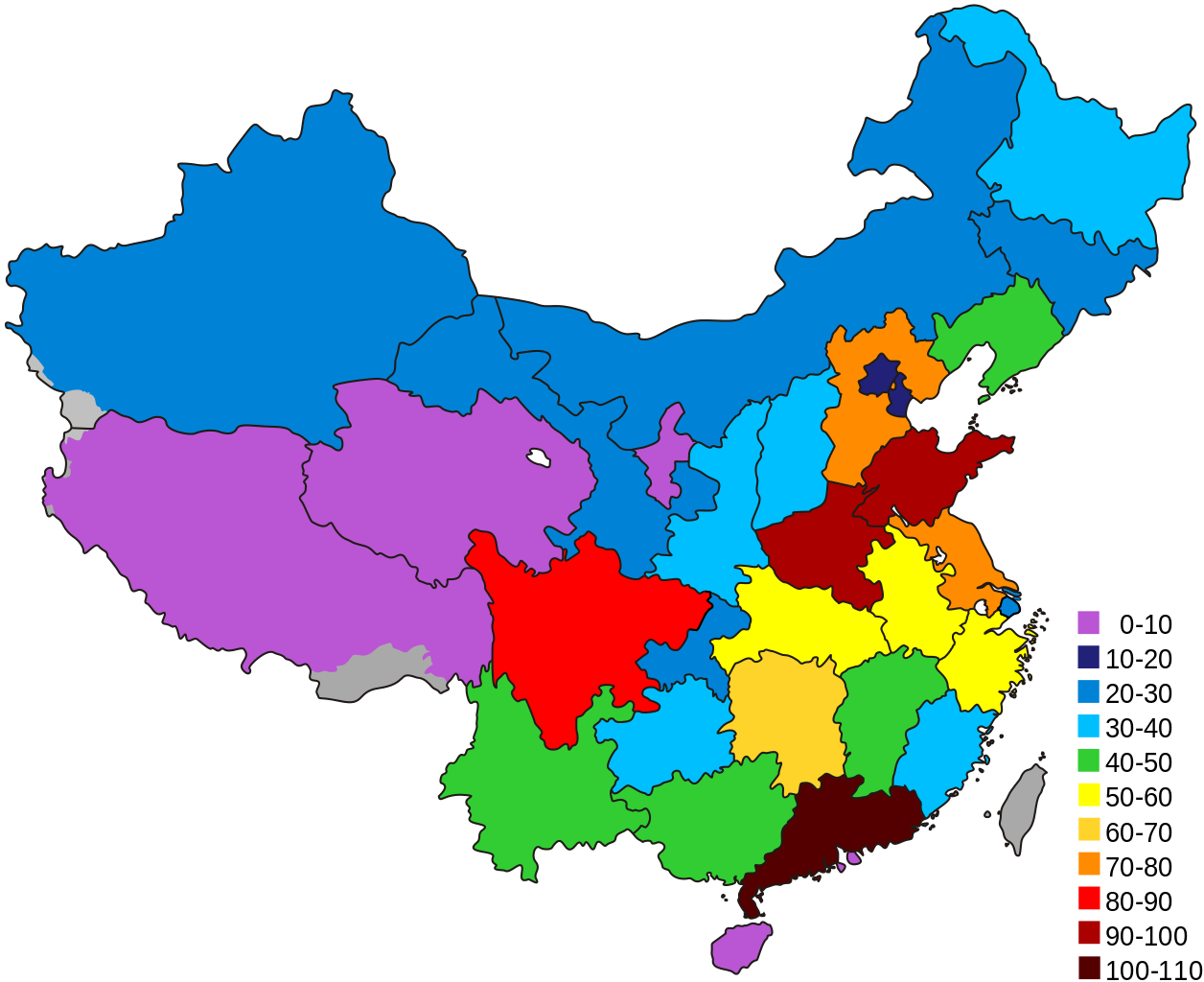 Pr China Provinces By Population Map - 22 Provinces Of China (1256x1024)