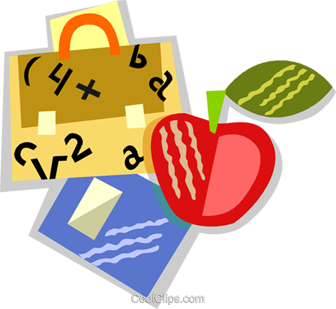 School Bag And Books With An Apple Royalty Free Vector - School Bag And Books With An Apple Royalty Free Vector (480x442)