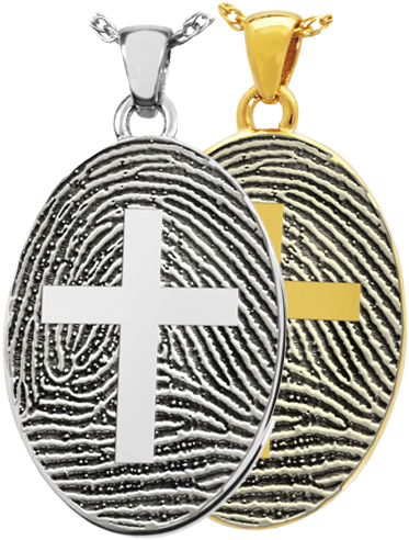 Flat Oval Fingerprint Jewelry With Cross Shown In Silver - Fingerprint Oval Sterling Silver Cremation Pendant (500x500)