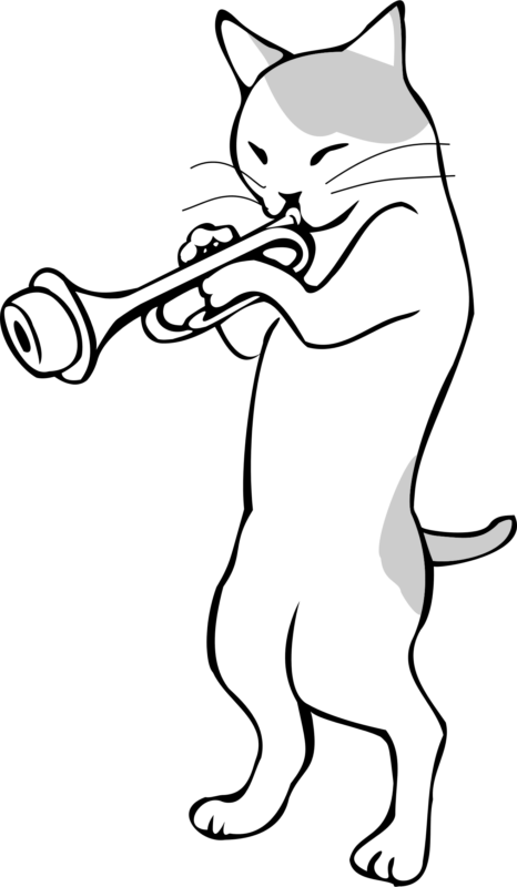 See Here Trumpet Clipart Black And White Free Download - Cat Playing Trumpet (466x800)
