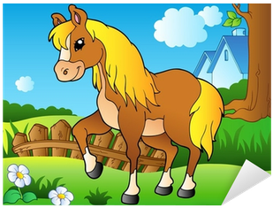 Vinilo Pixerstick Cartoon Caballo En El Prado Primavera - Horse Cartoon In Farm (400x400)