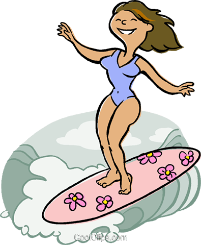 Woman Surfing Royalty Free Vector Clip Art Illustration - Girl Surfing Clipart (395x480)