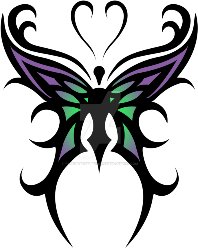 Cool Color Tribal Butterfly Tattoo Design By Psychobabbledream - Butterfly Tribal Tattoo Designs (824x970)
