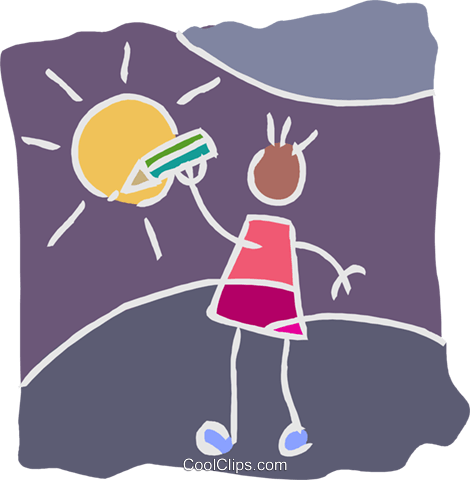 Child Drawing A Sun With A Pencil Crayon Royalty Free - Drawing (470x480)