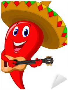 Chili Pepper Mariachi Wearing Sombrero Playing A Guitar - Cartoon Chili Pepper (400x400)
