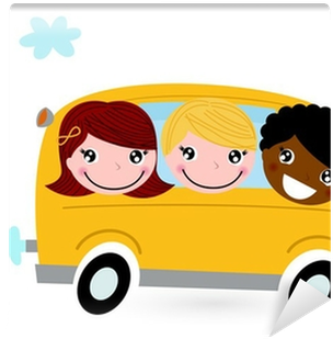 Yellow School Bus With Kids Isolated On White Wall - Niños Animados Viajando (400x400)