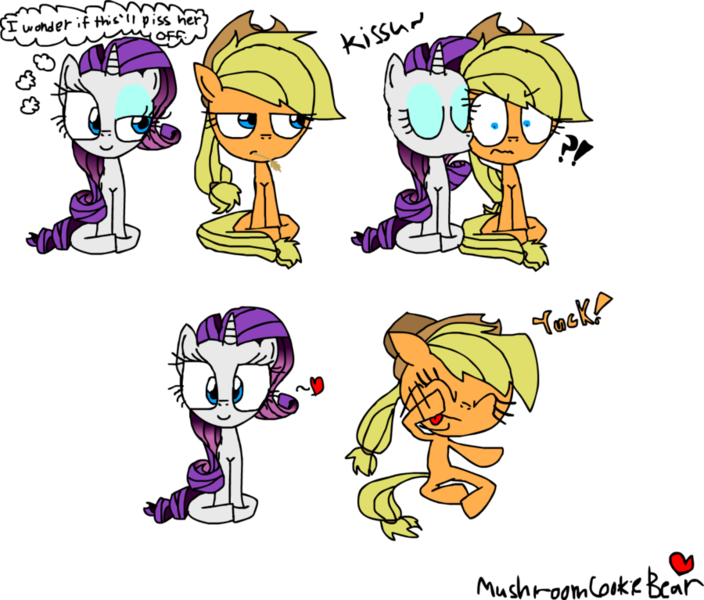 Mushroomcookiebear, Cute, Heart, Kissing, Kiss On The - Applejack And Rarity Kissing (704x600)