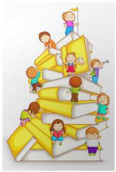 Vector Illustration Of Kids Climbing In Stack Of Book - Niños Escalando Libros (400x400)