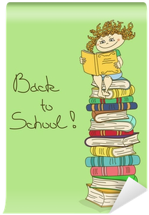 Child Sitting On A Stack Of Books And Reading Wall - Book (400x400)