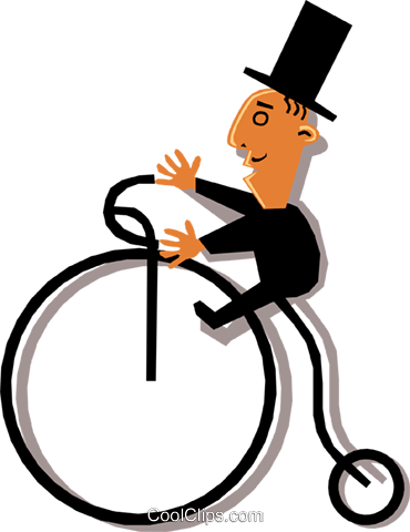 Man In A Top Hat Riding A Penny Farthing Royalty Free - Cartoon Old Fashioned (370x480)