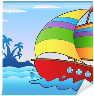 Cartoon Sailboat Near Small Island Wall Mural • Pixers® - Sailboat Cartoon (400x400)