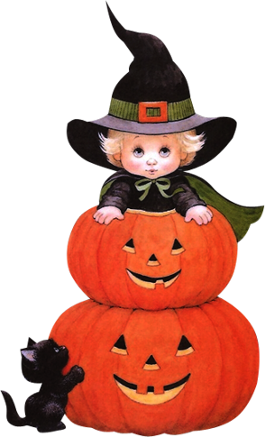 Halloween Witch With Jack O' Lanterns And Black Cat - Cute Cartoon Halloween Witches (294x485)