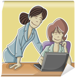 Cartoon Business Woman Working On Office Computer Wall - Business (400x400)