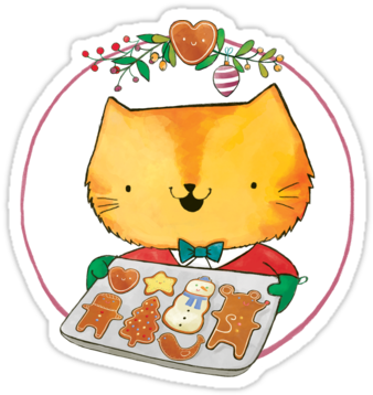 'cute Christmas Cat With Gingerbread Cookies' Sticker - Niedliche Katzen-und Mäusefrohe Karte (375x360)