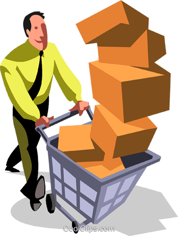 Empresário Com Carrinho Cheio De Caixas Livre De Direitos - Carrinho De Compras Cheio Vetor (362x480)