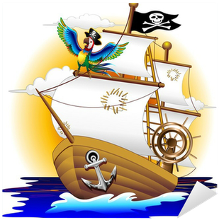 Nave Pirata Con Pappagallo-pirate Ship And Cartoon - Pegatinas Barco Pirata (400x400)