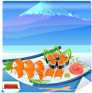 Of Sushi Rolls With Greenery On The Background Of Fujiyama - Vector Marketing (400x400)