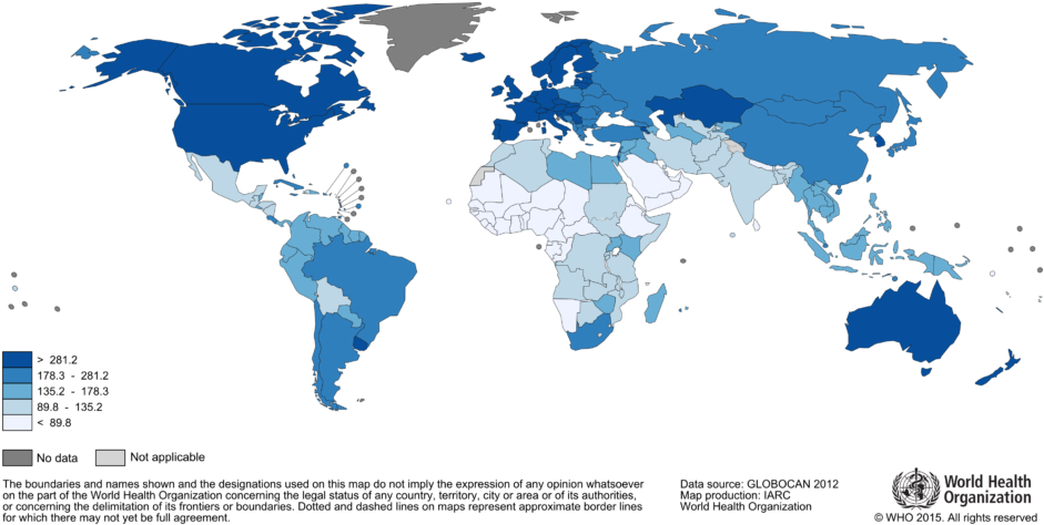 World Map On Access To Electricity Of Population 2016 - Cancer Rate In The World (972x505)