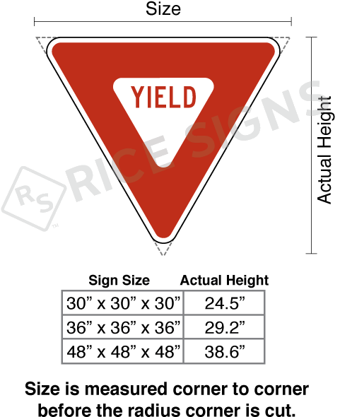 A Yield Sign Is Measured Along The Side From The Imaginary - Dimensions Of A Yield Sign (500x643)