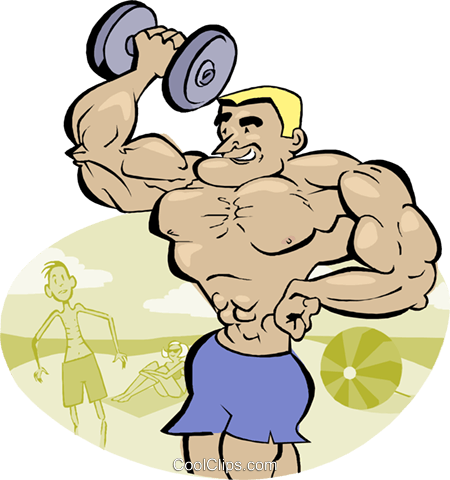 Weightlifter, Muscleman, Macho Man Royalty Free Vector - Caricature Of Weight Lifter With Dumbbell On Muscle (450x480)