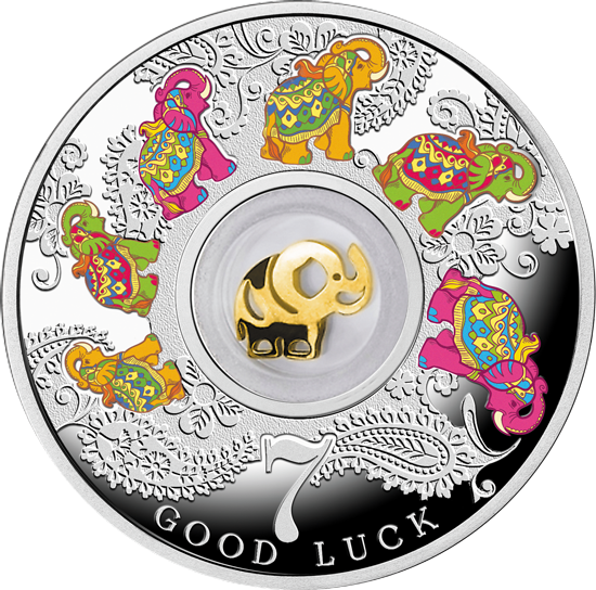 Lucky 7 ~ Seven Elephants Silver Coin With Gilded Element - Coin (550x544)