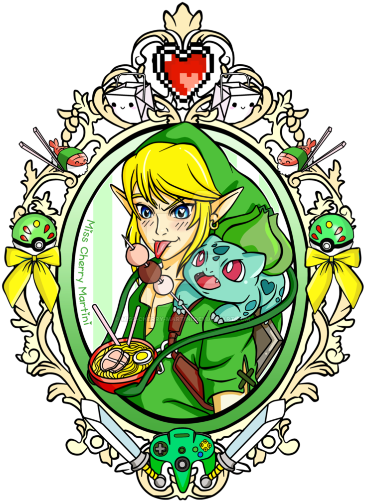 Link And Bulbasaur Tattoo By Miss Cherry Martini - Nintendo Premium T-shirt (relaxed Fit) Hungry Work! (751x1063)