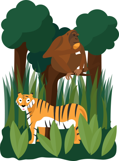 Illustration Of A Jungle With A Tiger And Orangutan - Palm Oil (394x533)