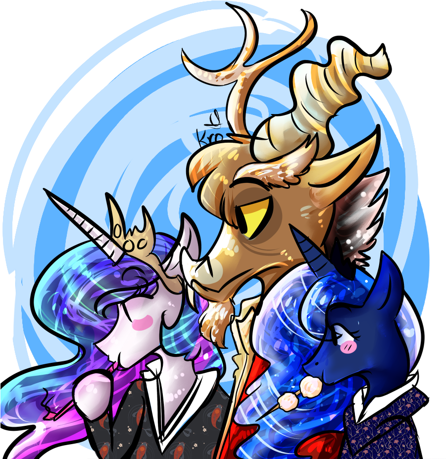 Tsukimis, Crossover, Discord, Princess Celestia, Princess - Equestria (900x938)