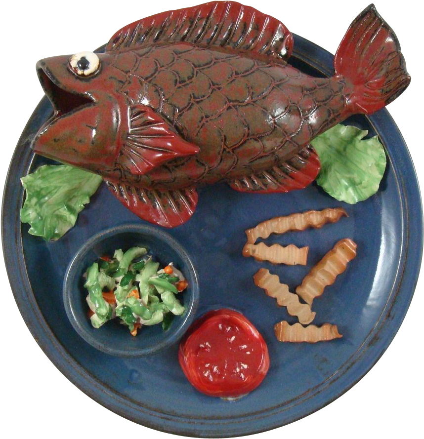 Signed Vintage Art Pottery Fish Coleslaw Tomato Fries - Cabezon (fish) (888x888)