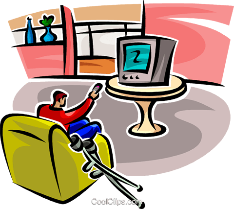 Man Watching Tv With Crutches Royalty Free Vector Clip - Television (480x427)