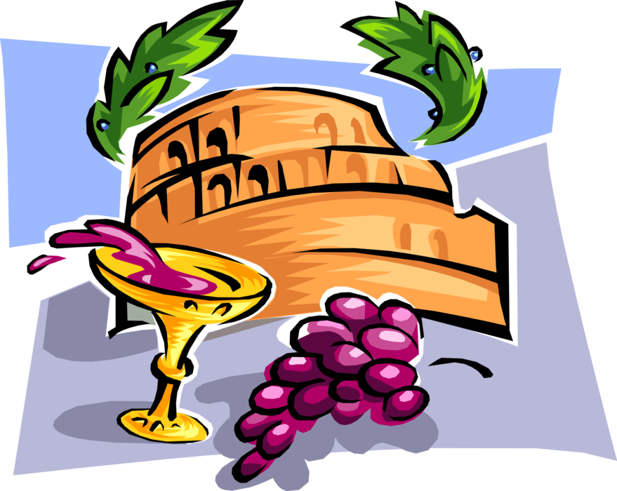 Vector Illustration Of Wine And Fruit Grapes With Coliseum - Italien Clipart (879x700)