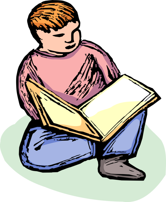 Vector Illustration Of Young Boy Learning To Read Book - Sitting (577x700)