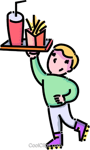 Boy Waiter On Roller Skates Serving Food Royalty Free - Working Boy Clipart (287x480)