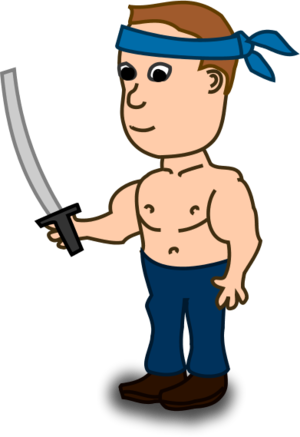 Man Holding Sword And Wearing Head Band Vector Clip - Cartoon Man With A Sword (300x437)