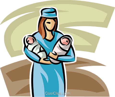 Nurse With Two Newborn Babies Royalty Free Vector Clip - Nurse Baby Clipart (480x405)