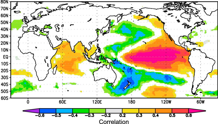 Spatial Correlations Between Tree Ring D 18 O And Annual - World Map (850x484)