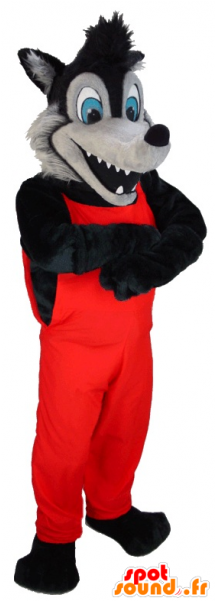 Mascot Black And Gray Wolf In Red Overalls - Fantasia De Lobo Mau (600x600)