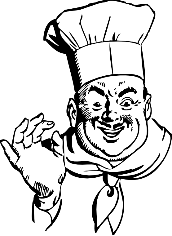 Happy Chef Black White Line Art 555px - Chef Clipart Black And White (555x761)
