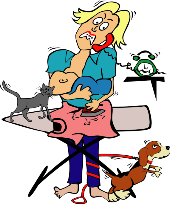 Busy Mom With Child And Pets Clip Art Free Vector / - Funny Mother's Day Clip Art (626x750)