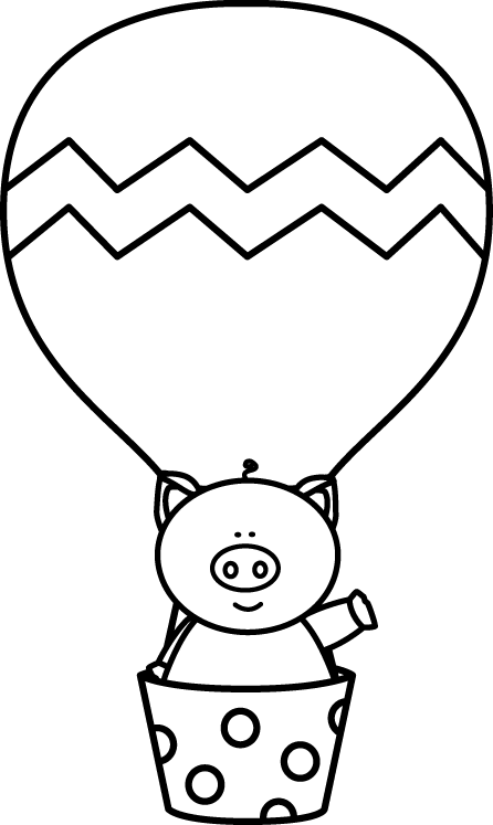 Black And White Pig In A Hot Air Balloon Clip Art From - Air Balloon Clipart Black And White (446x747)