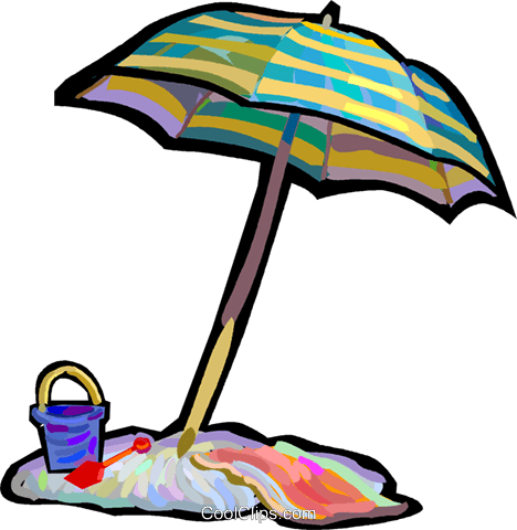 Beach Umbrella With Pail And Shovel Royalty Free Vector - Ombrellone Clipart (468x480)