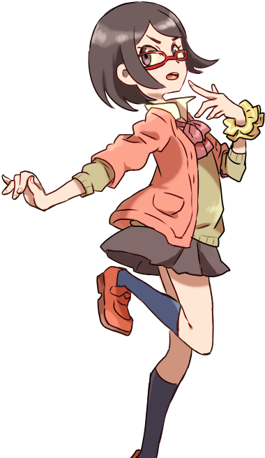 1girl Black Eyes Black Hair Glasses Lass Leg Up Naruto - ポケモン ミニ スカート 公式 (500x675)