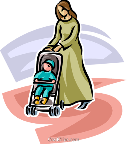 Woman Pushing A Baby Stroller Royalty Free Vector Clip - Illustration (425x480)