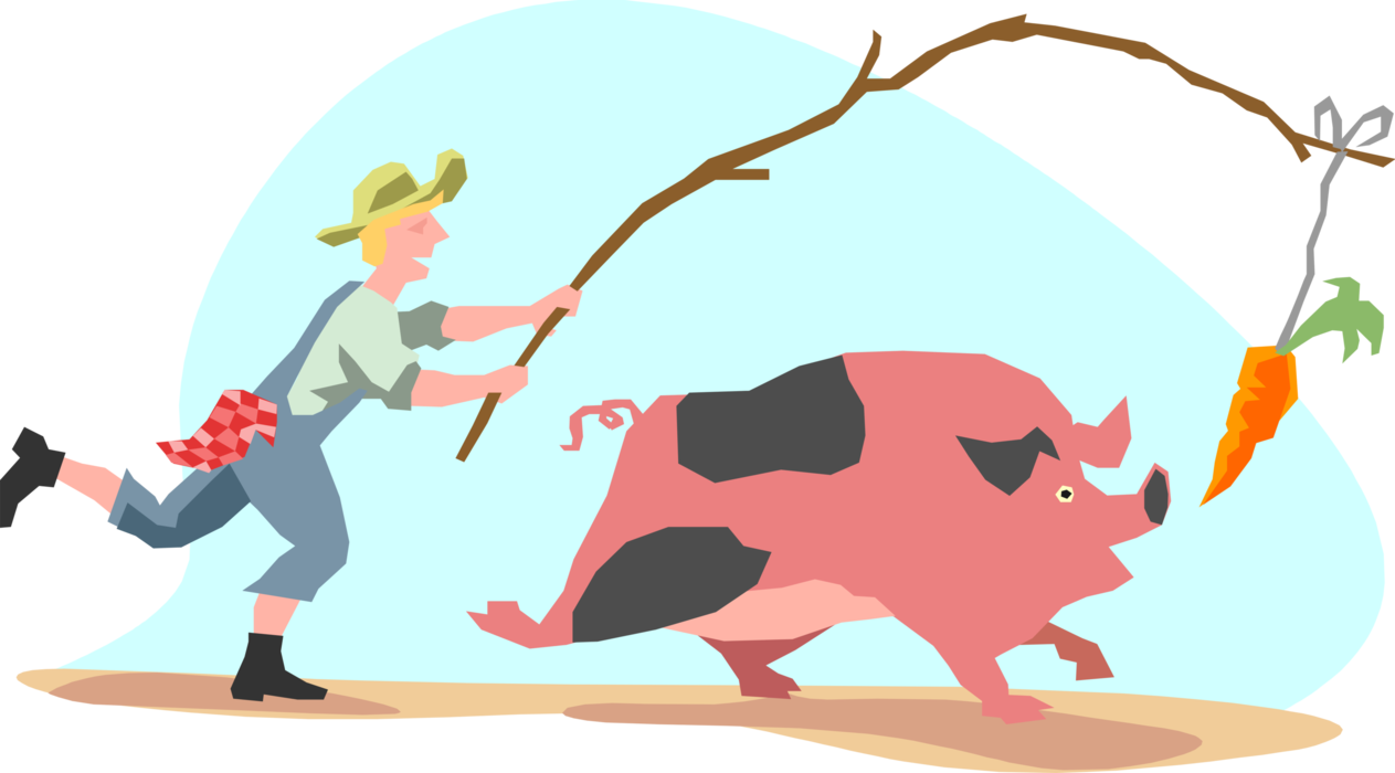 Vector Illustration Of Country Boy With Pig Chasing - Pig Chasing Carrot (1263x700)
