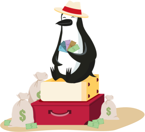 Percy Penguin On The Beach With Suitcases And Cash - Canadian Imperial Bank Of Commerce (510x464)