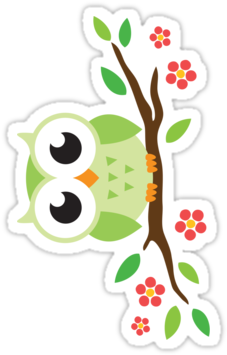 Cute Green Cartoon Owl On Floral Branch Sticker By - Niedliche Grüne Eule Auf Personalisiertem Namen Kaffeetasse (375x360)