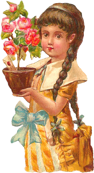 Adorable Victorian Scrap Of A Girl Holding A Pink Rose - Antique (587x927)