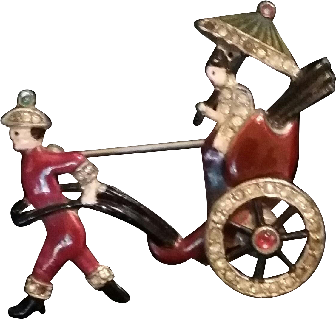 Vintage Signed Coro Enamel Rickshaw Brooch Pin - Figurine (1125x1125)